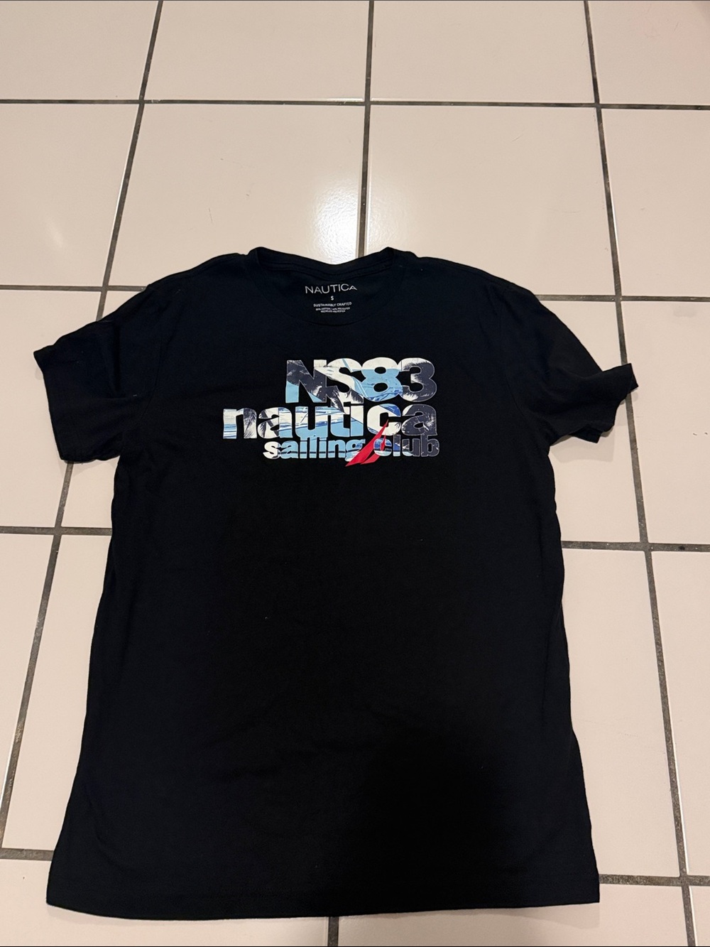 Nautica Black Graphic Sailing Club Tee with Blue and Red Accents